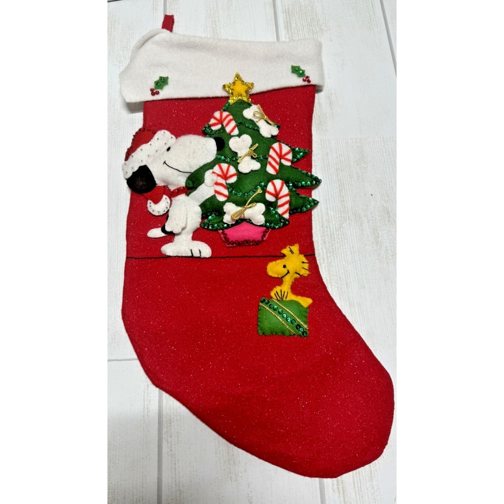 Malina "Sweet Tree" Handmade Finished Felt Xmas Stocking Snoopy & Pal VTG